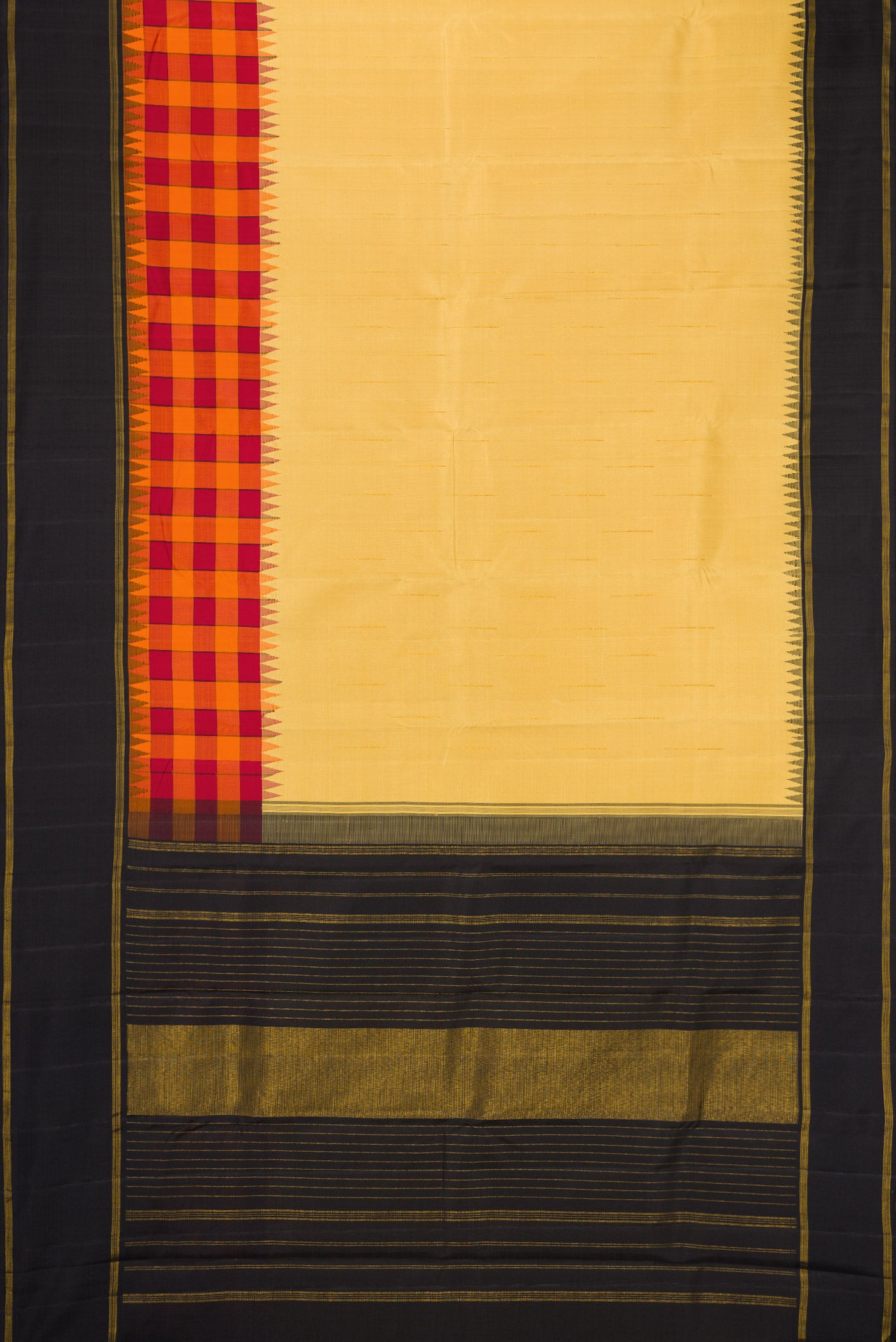 Flat view of Sandal Kanchipuram Silk Saree with Stripes on the body and Fancy Border. 