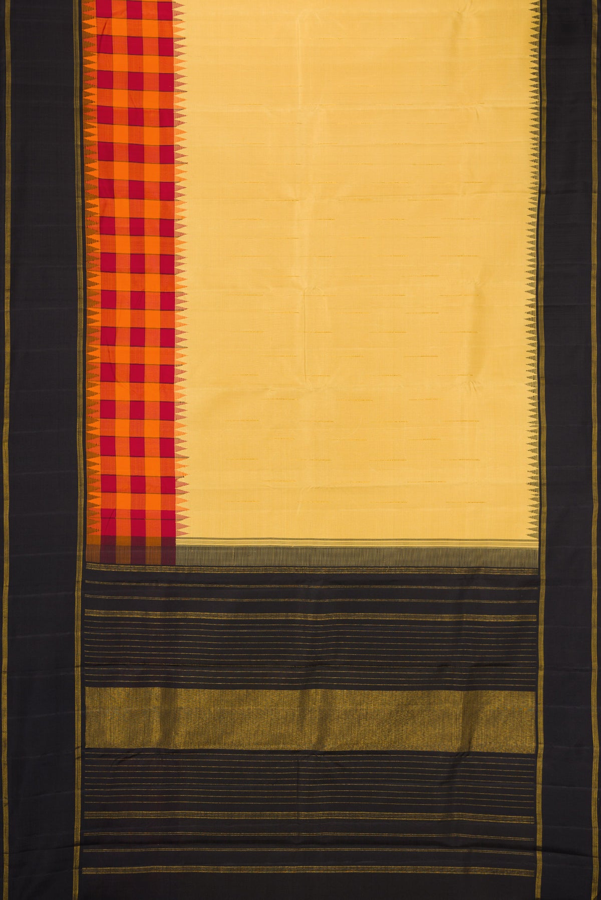 Flat view of Sandal Kanchipuram Silk Saree with Stripes on the body and Fancy Border. 