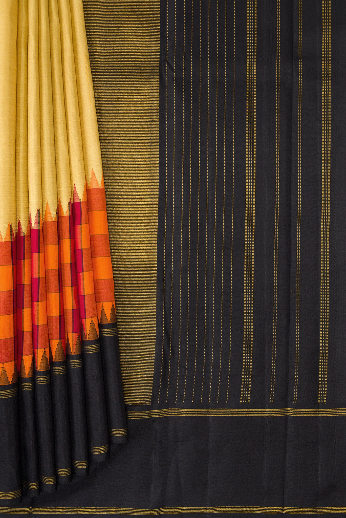 Pleats and pallu of Sandal Kanchipuram Silk Saree with Stripes on the body and Fancy Border. 