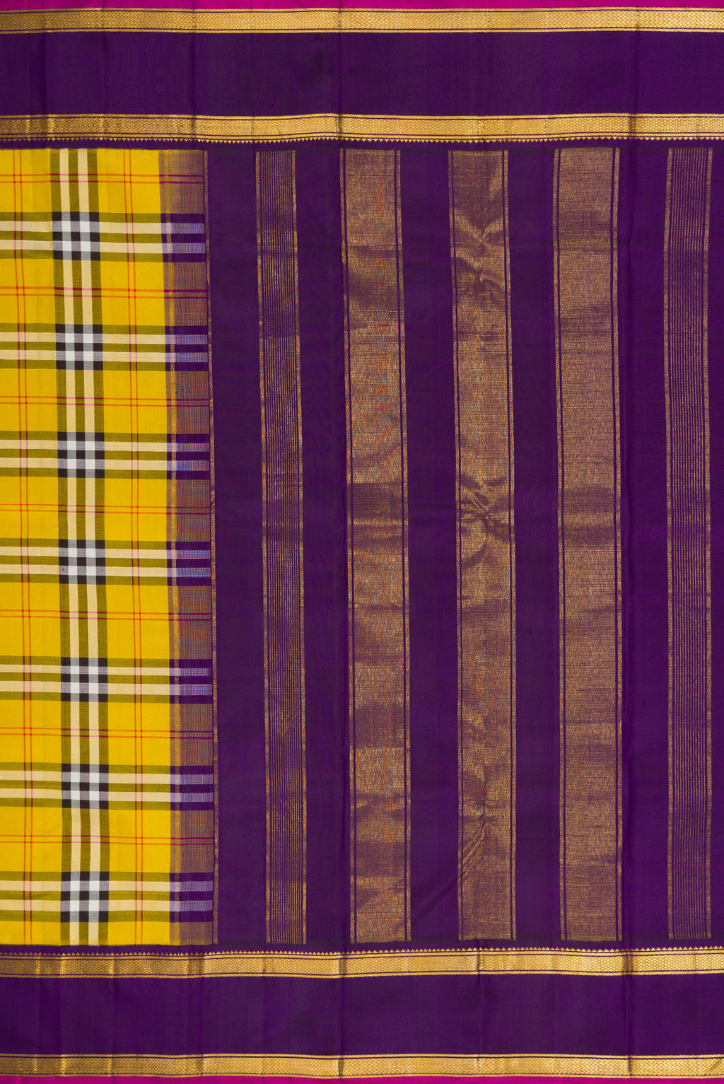 Close up image of the pallu of Pure Silk Pure Zari Yellow Kanjivaram Saree with Checked design on the body and Zari Border. 