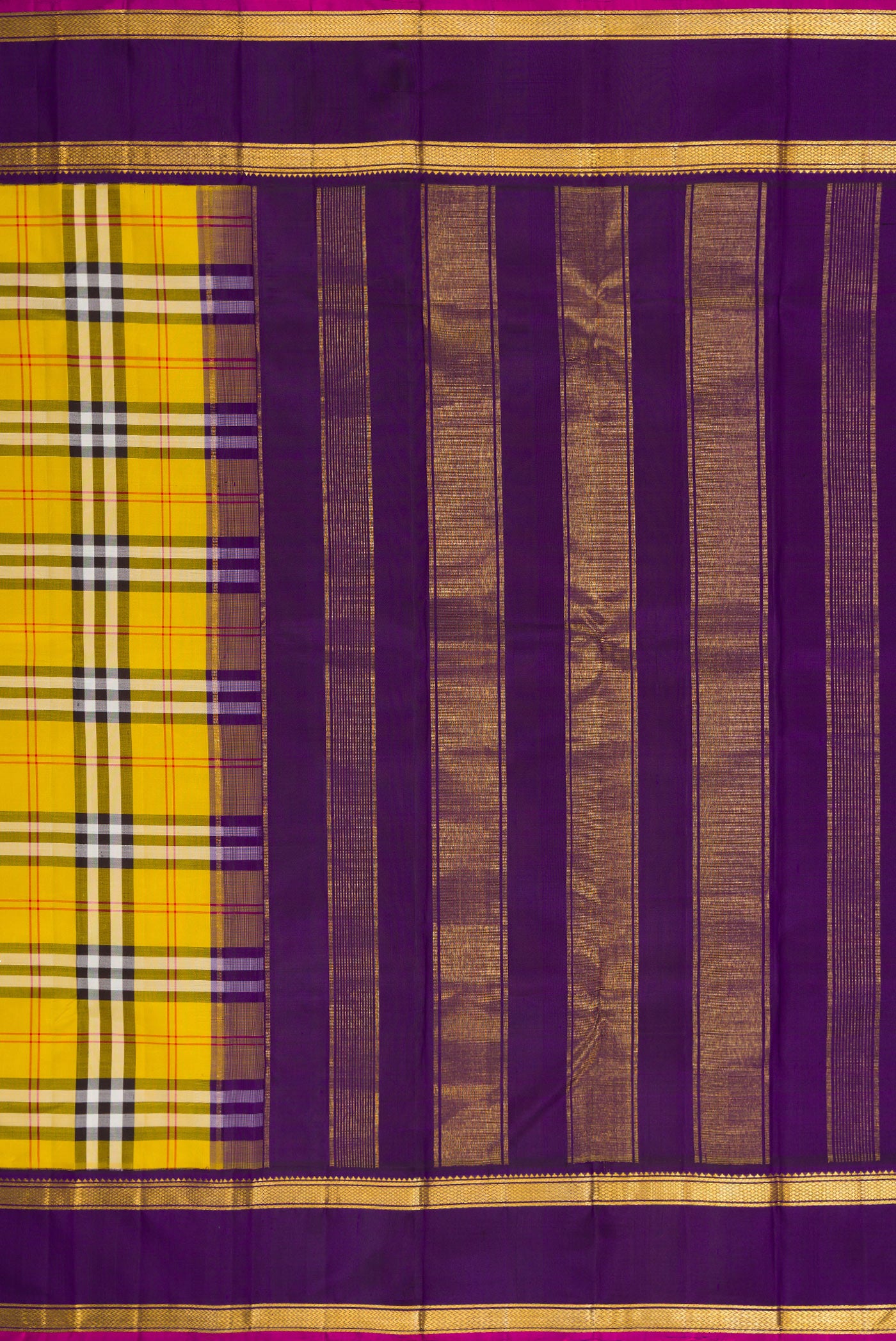 Close up image of the pallu of Pure Silk Pure Zari Yellow Kanjivaram Saree with Checked design on the body and Zari Border. 