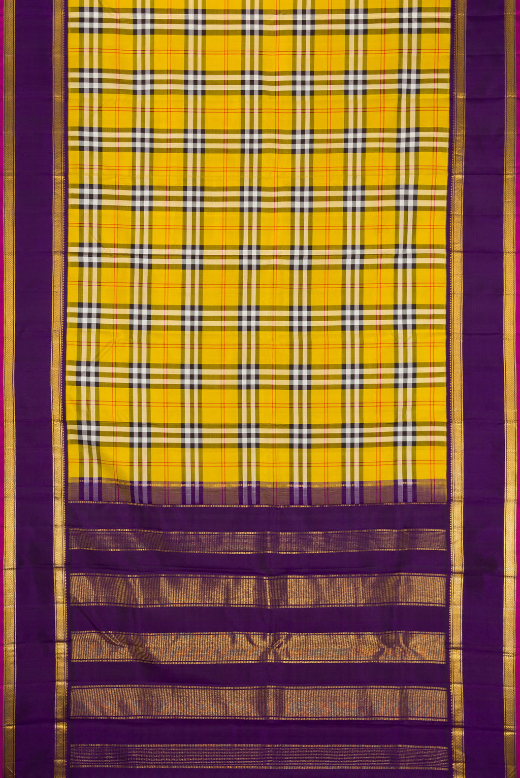 Flat view of Pure Silk Pure Zari Yellow Kanjivaram Saree with Checked design on the body and Zari Border. 