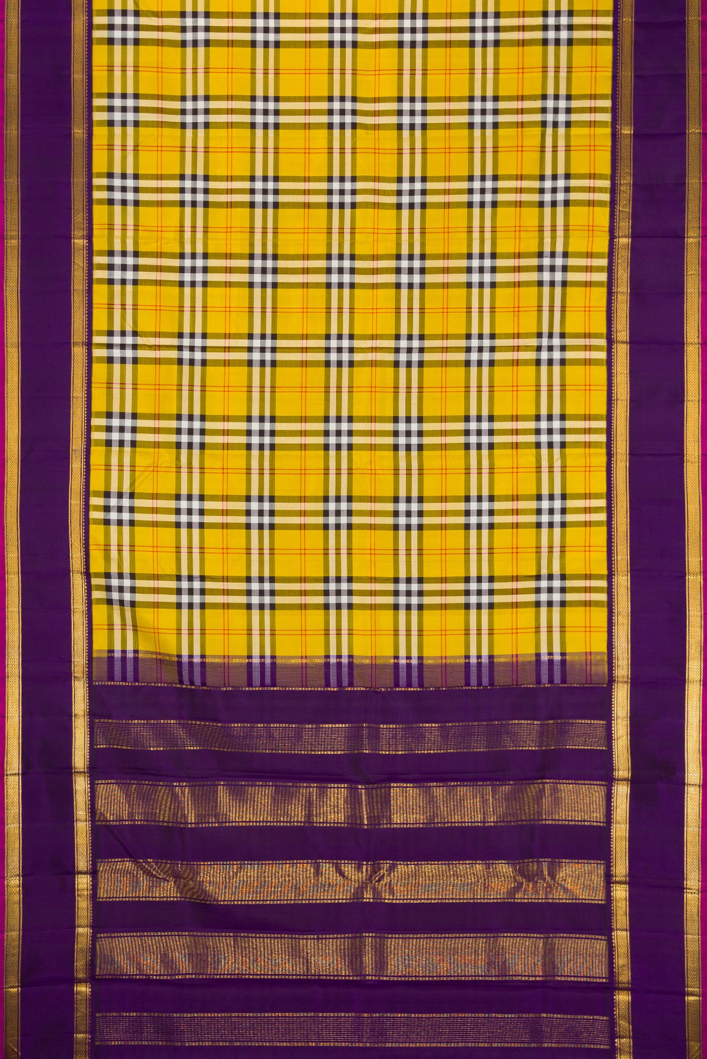 Flat view of Pure Silk Pure Zari Yellow Kanjivaram Saree with Checked design on the body and Zari Border. 
