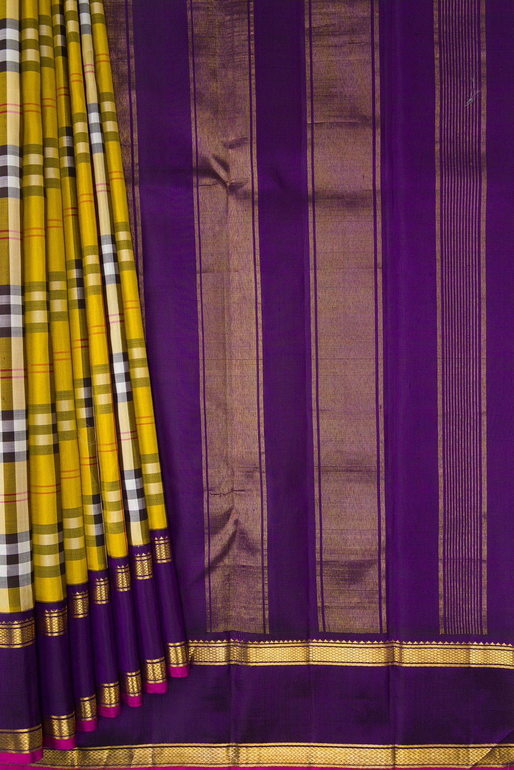 Pleats and pallu of Pure Silk Pure Zari Yellow Kanjivaram Saree with Checked design on the body and Zari Border. 