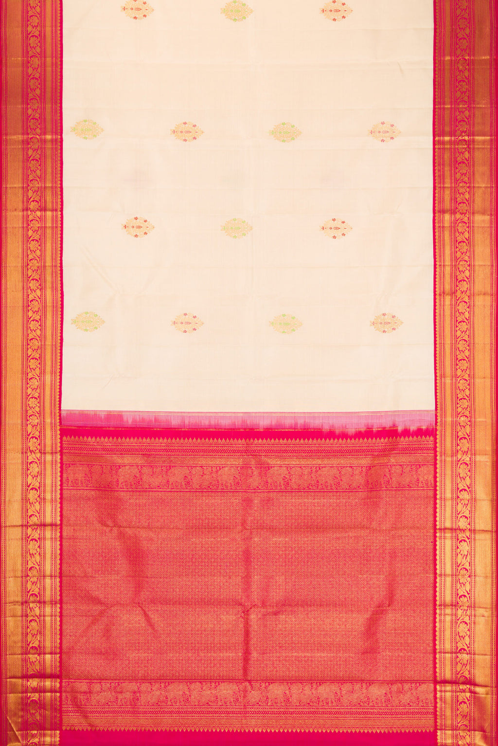 Flat view of Off White Kanchipuram Silk Saree with Zari And Thread Butta on the body and Zari Border. 