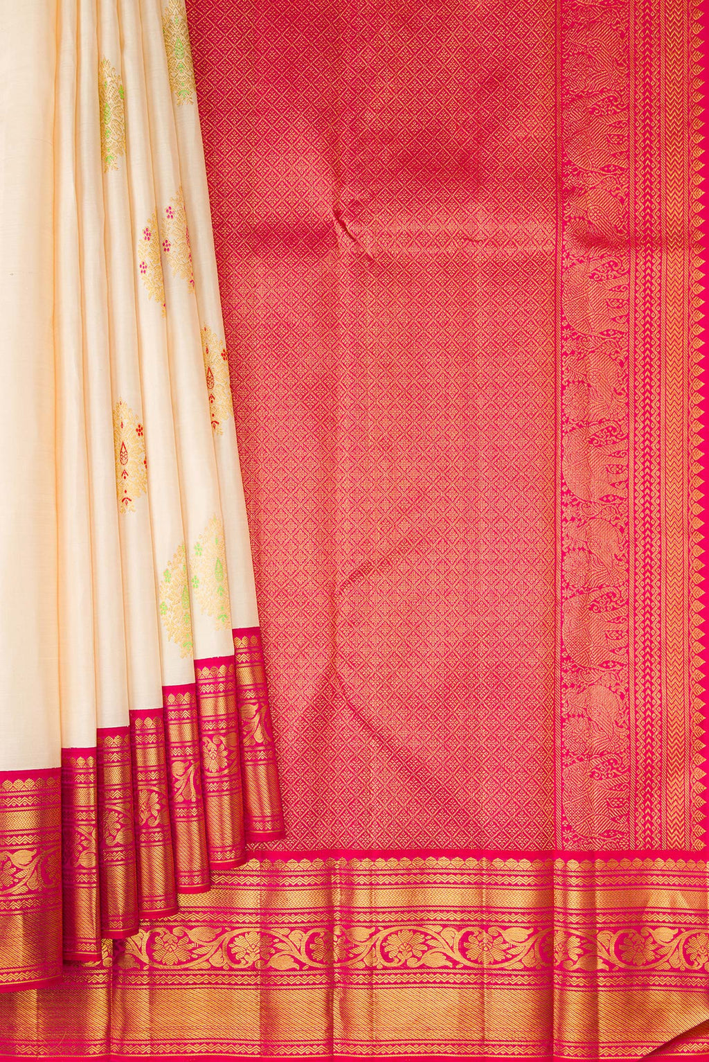 Pleats and pallu of Off White Kanchipuram Silk Saree with Zari And Thread Butta on the body and Zari Border. 
