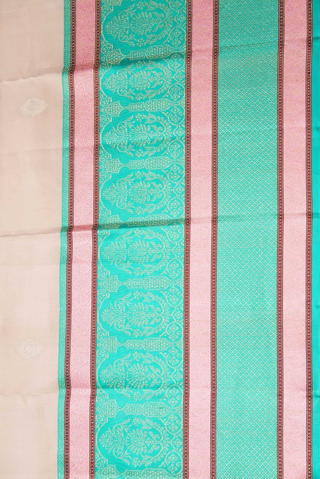 Border image of Beige Dual Tone Kanchipuram Silk Saree with Zari Butta on the body and Zari And Thread Border. 