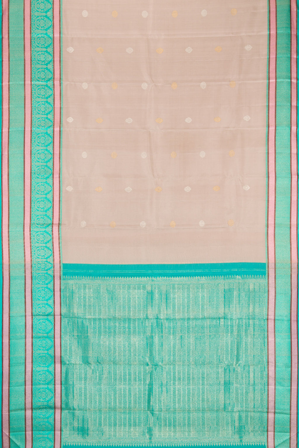 Flat view of Beige Dual Tone Kanchipuram Silk Saree with Zari Butta on the body and Zari And Thread Border. 