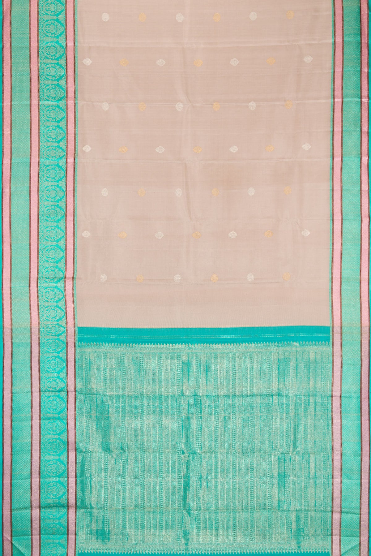 Flat view of Beige Dual Tone Kanchipuram Silk Saree with Zari Butta on the body and Zari And Thread Border. 