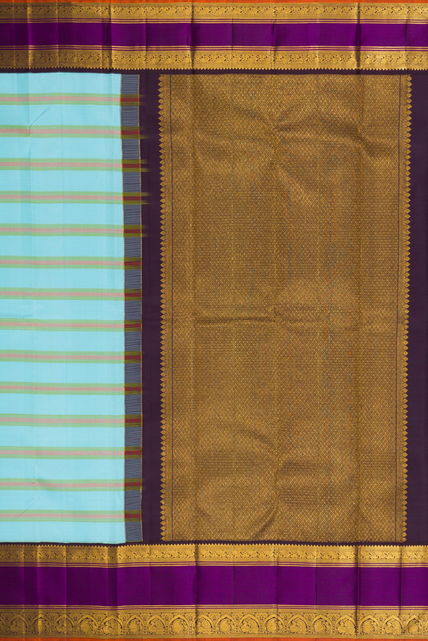 Close up image of the pallu of Sky Blue Kanchipuram Silk Saree with Stripes on the body and Zari Border. 