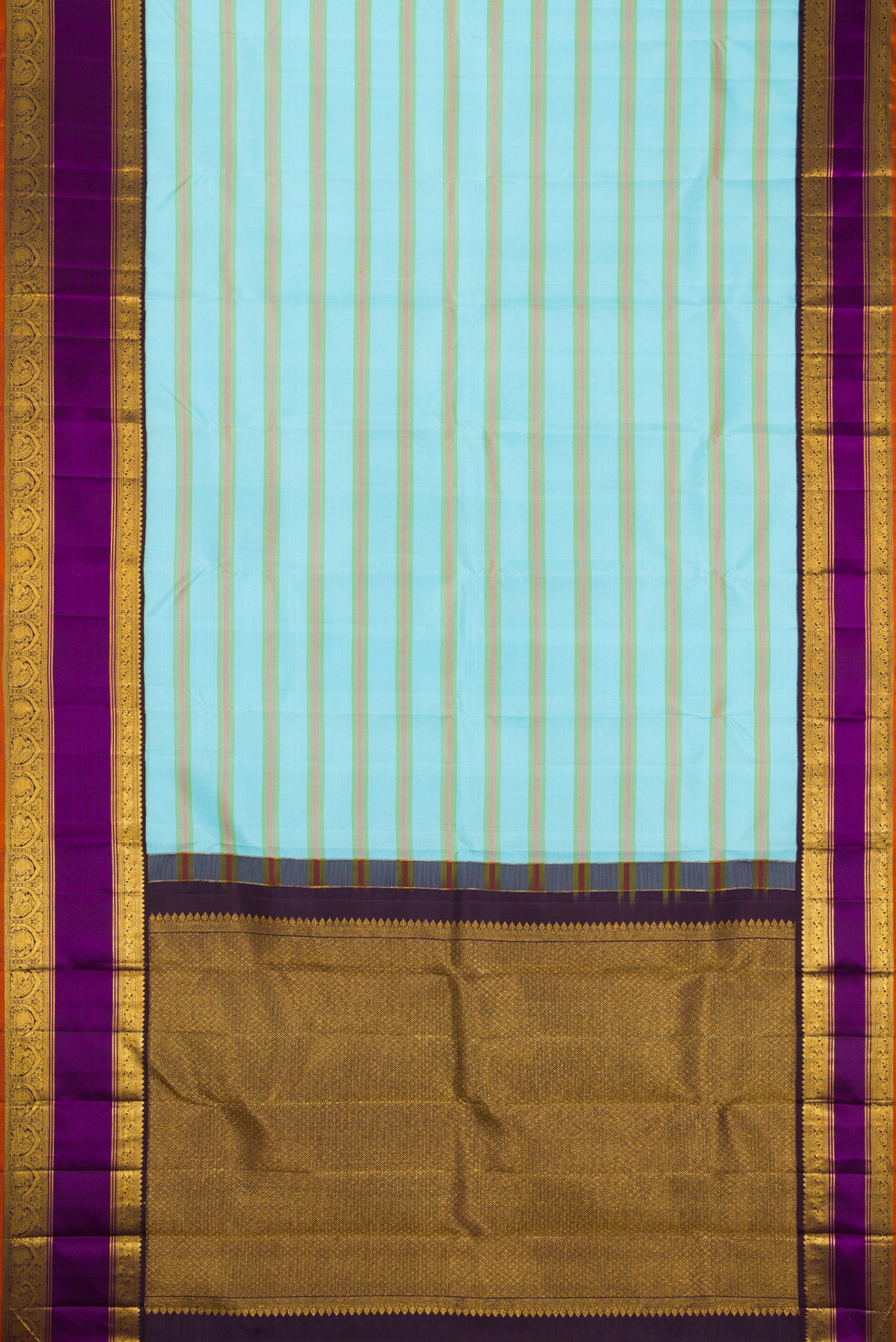 Flat view of Sky Blue Kanchipuram Silk Saree with Stripes on the body and Zari Border. 