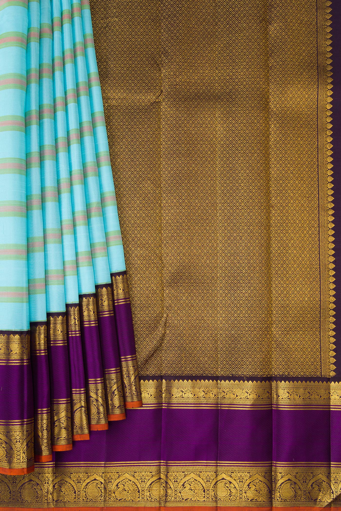 Pleats and pallu of Sky Blue Kanchipuram Silk Saree with Stripes on the body and Zari Border. 