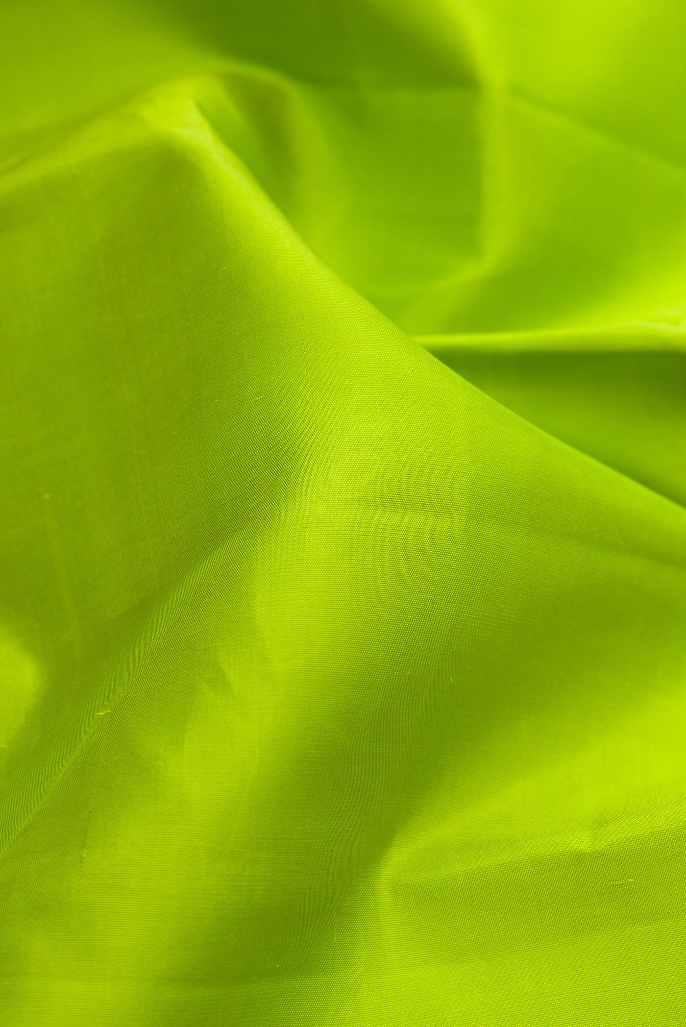 Close up of Parrot Green Kanjivaram Silk Saree with Plain Body and Thread Border.  displaying folds