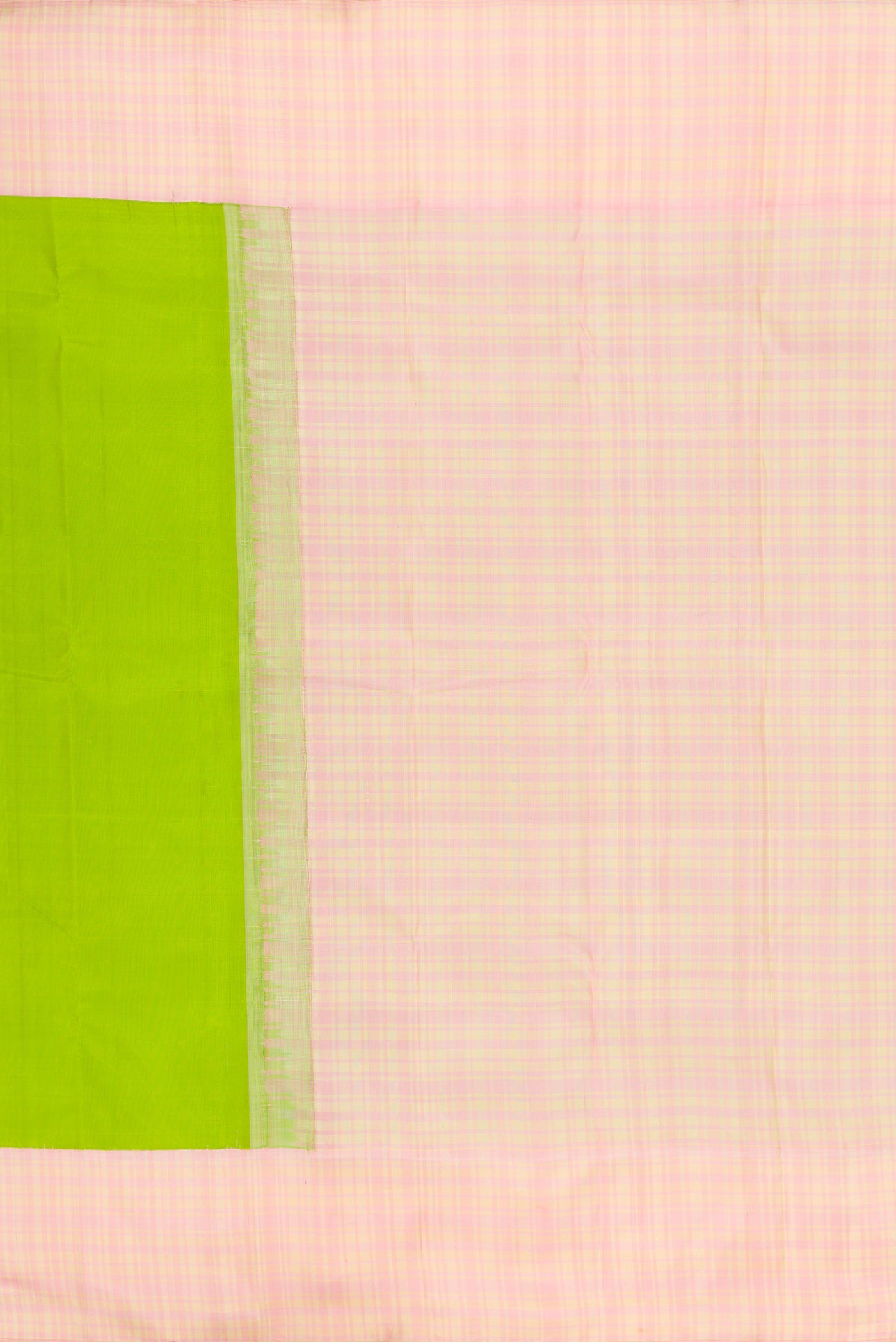 Close up image of the pallu of Parrot Green Kanjivaram Silk Saree with Plain Body and Thread Border. 