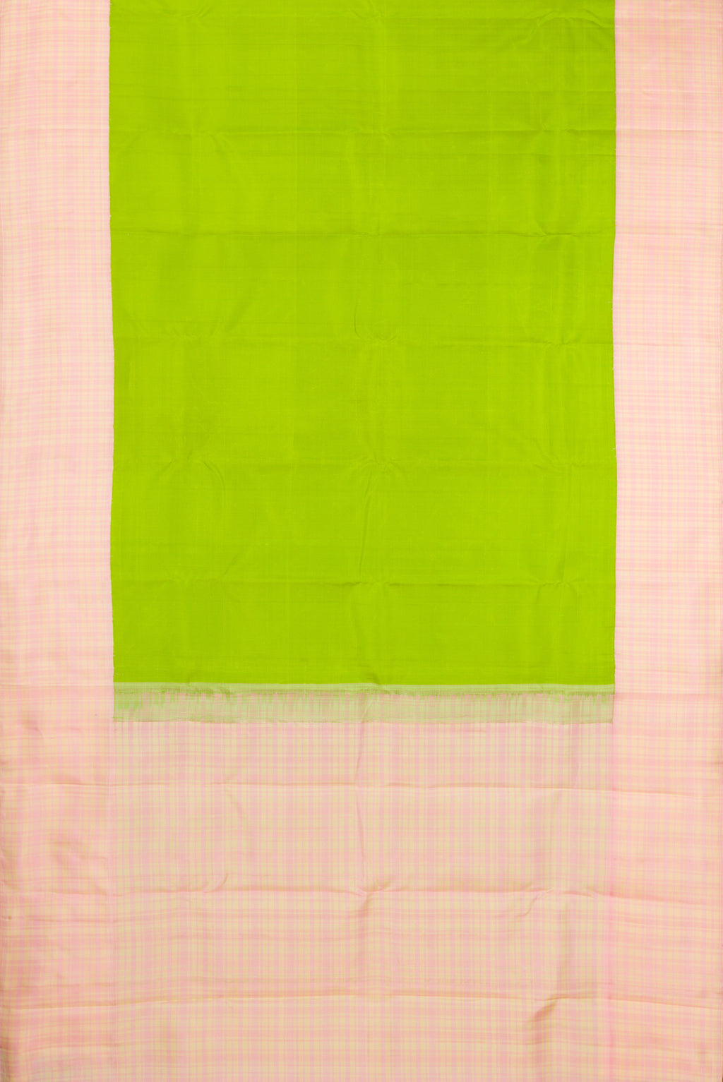 Flat view of Parrot Green Kanjivaram Silk Saree with Plain Body and Thread Border. 