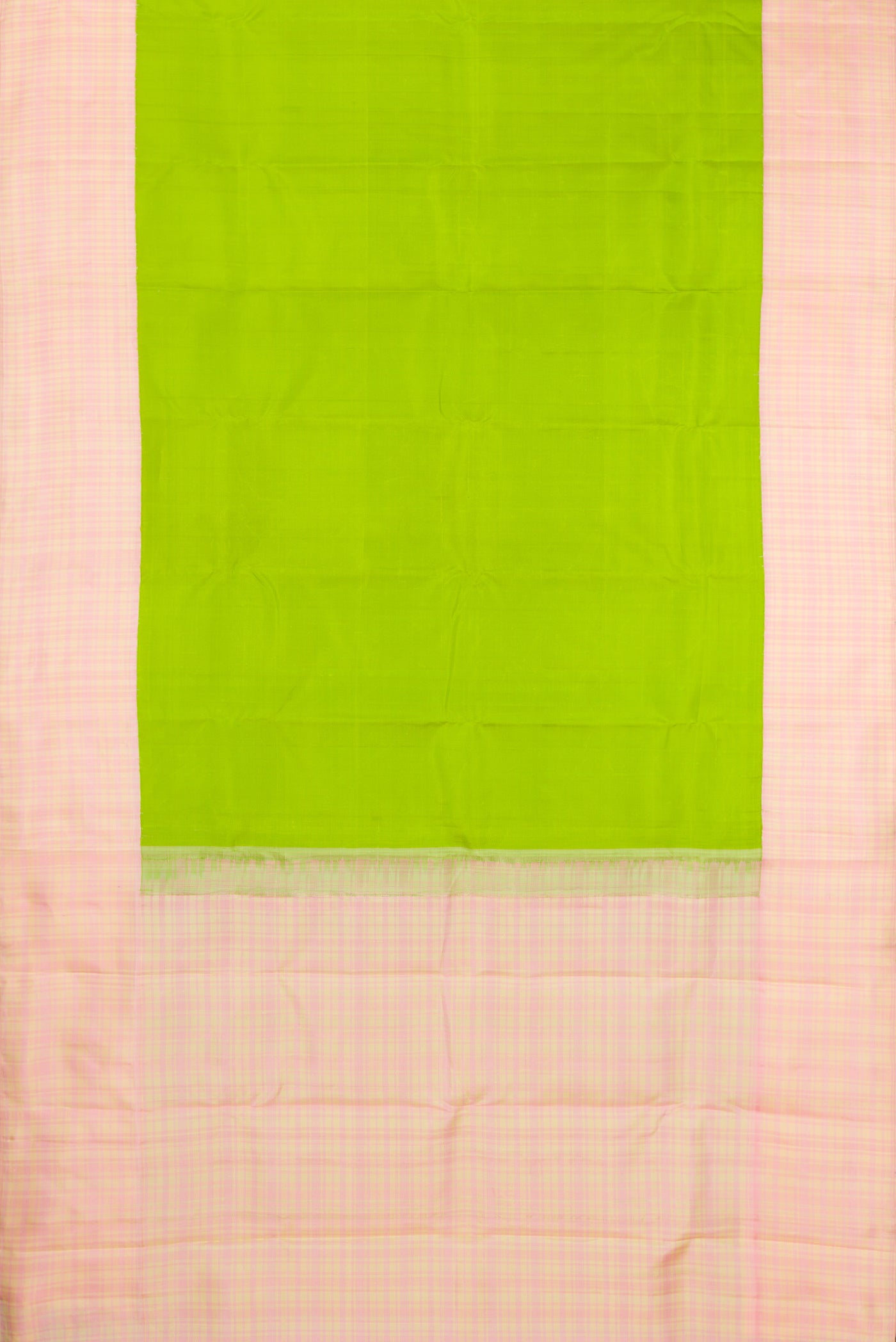 Flat view of Parrot Green Kanjivaram Silk Saree with Plain Body and Thread Border. 