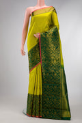 Parrot Green Dual Tone Kanchipuram Silk Saree with Zari Butta on the body and Fancy Border.  displayed on a mannequin