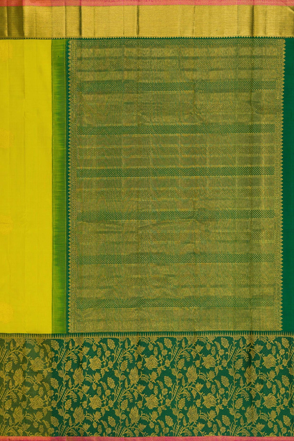 Close up image of the pallu of Parrot Green Dual Tone Kanchipuram Silk Saree with Zari Butta on the body and Fancy Border. 