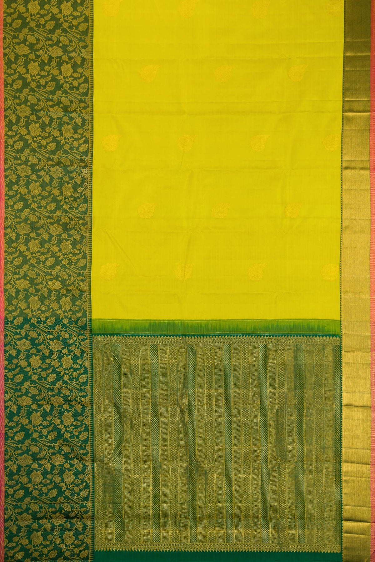 Flat view of Parrot Green Dual Tone Kanchipuram Silk Saree with Zari Butta on the body and Fancy Border. 