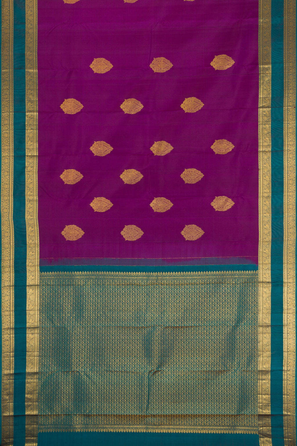 Flat view of Purple Kanchipuram Silk Saree with Zari Butta on the body and Zari Border. 
