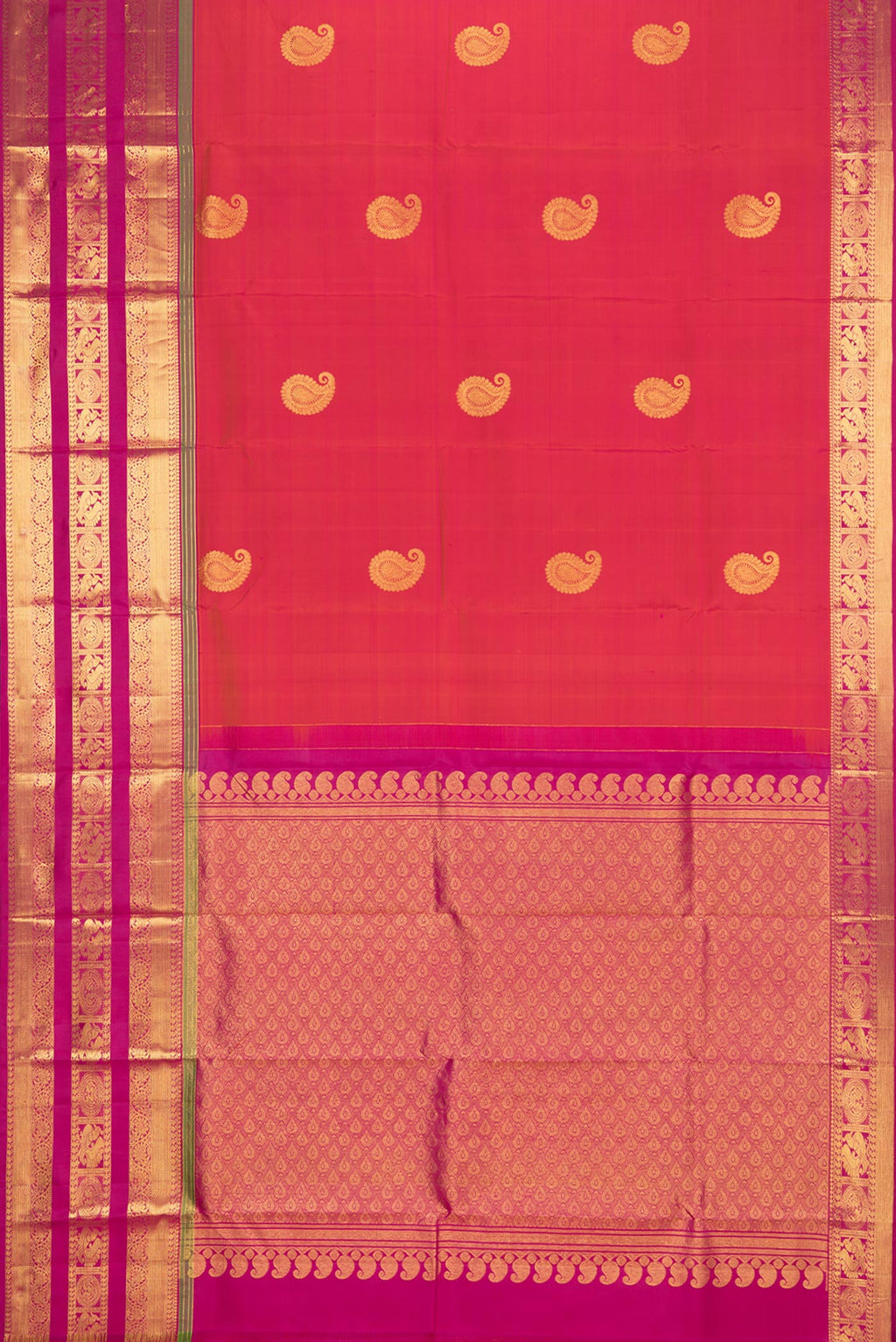Flat view of Pure Silk Orange Kanchipuram Saree with Zari Butta on the body and Zari Border. 