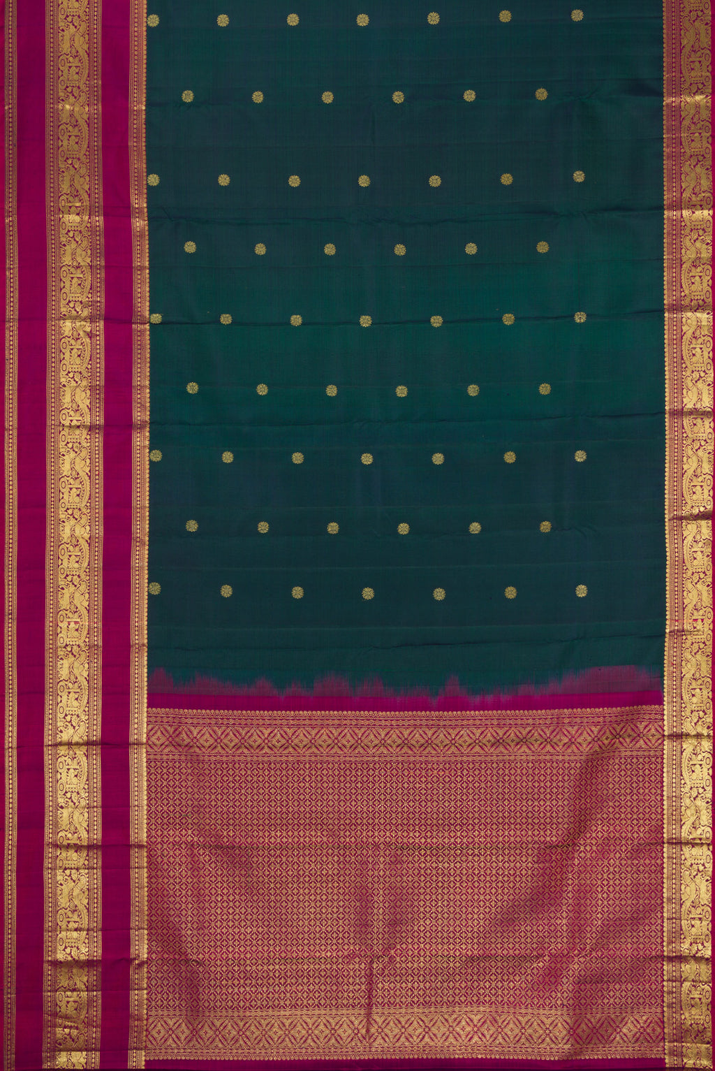 Flat view of Bottle Green Kanchipuram Silk Saree with Zari Butta on the body and Zari Border. 