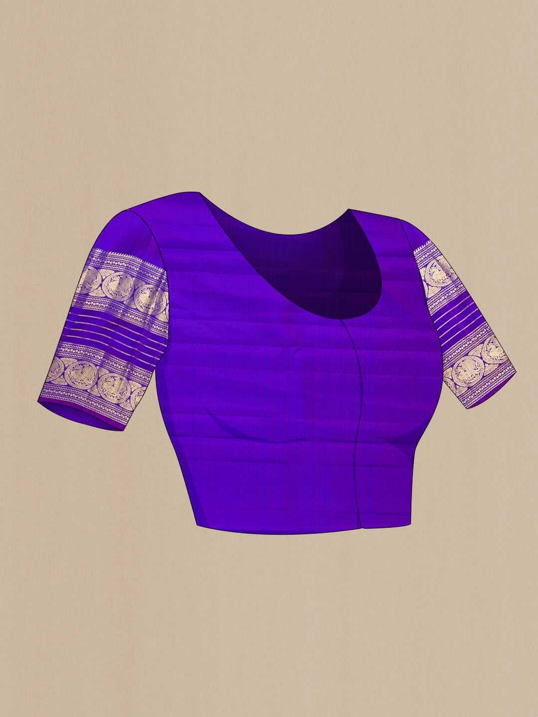 Close up image of the blouse of Purple Kanchipuram Silk Saree with Zari Butta on the body and Zari Border. 