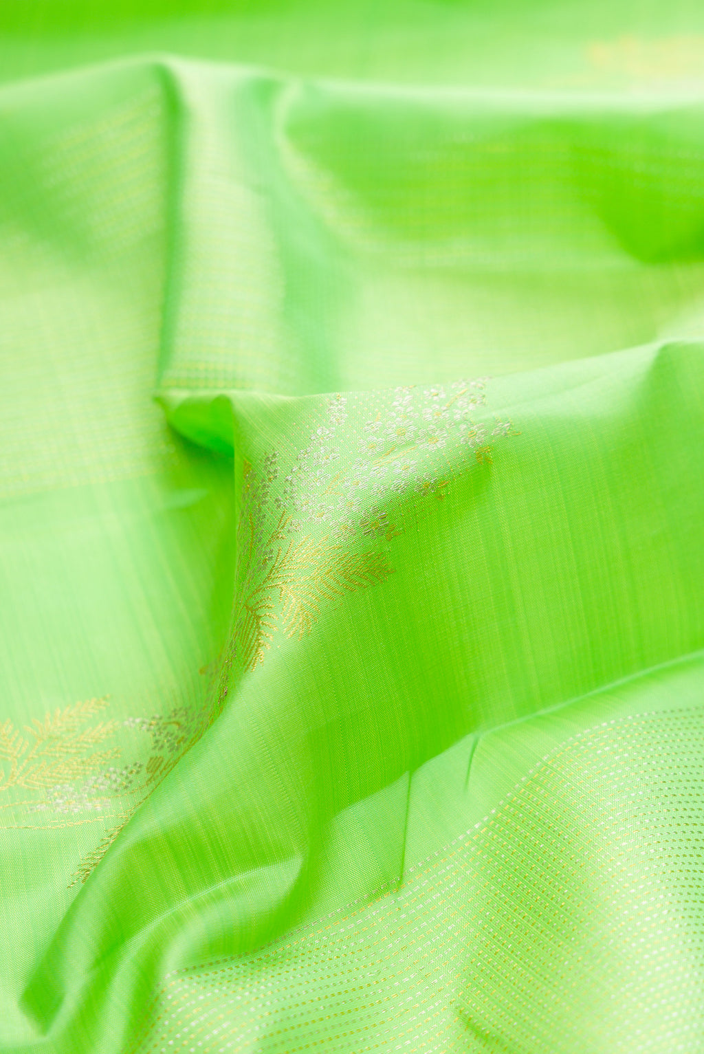 Close up of Pista Green Kanchipuram Silk Saree with Zari Butta on the body and Without Border.  displaying folds