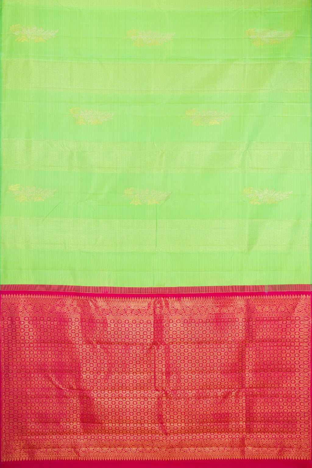 Flat view of Pista Green Kanchipuram Silk Saree with Zari Butta on the body and Without Border. 