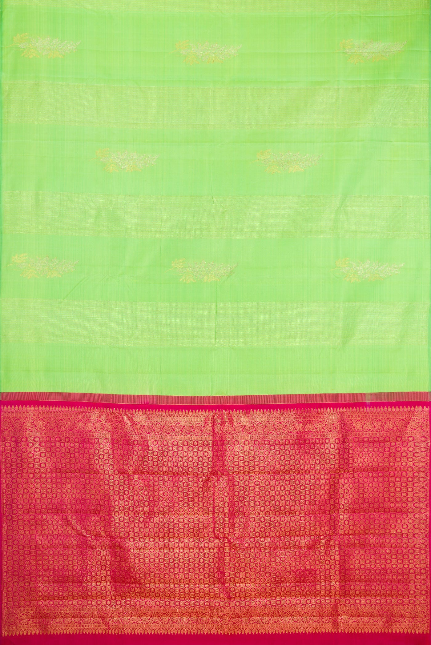 Flat view of Pista Green Kanchipuram Silk Saree with Zari Butta on the body and Without Border. 
