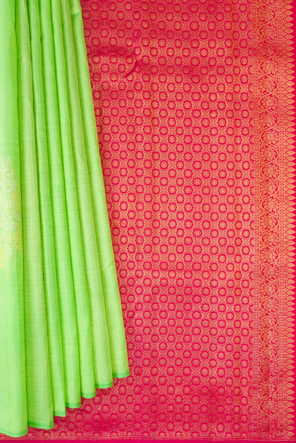Pleats and pallu of Pista Green Kanchipuram Silk Saree with Zari Butta on the body and Without Border. 