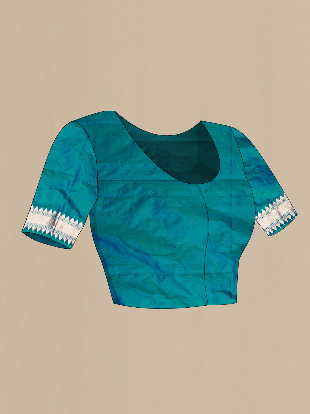 Close up image of the blouse of Peacock Blue Dual Tone Banarasi Silk Saree with Zari Butta on the body and Zari Border. 