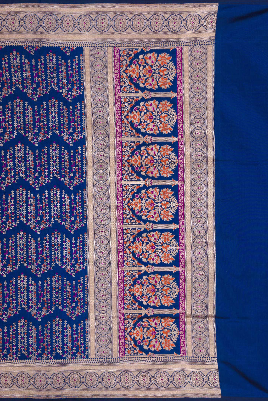 Close up image of the pallu of Royal Blue Dual Tone Banarasi Silk Saree with Zari Brocade on the body and Zari Border. 