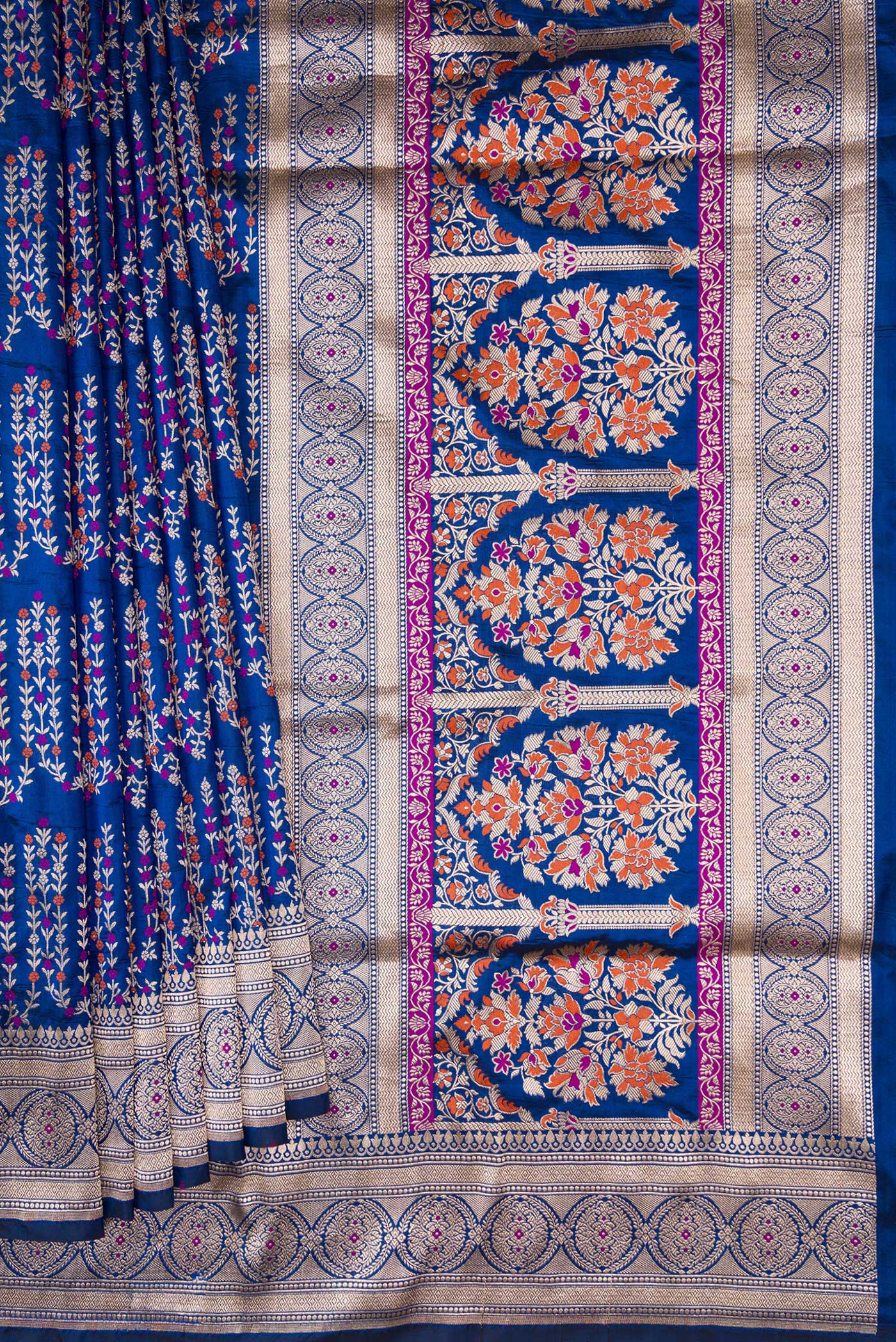 Pleats and pallu of Royal Blue Dual Tone Banarasi Silk Saree with Zari Brocade on the body and Zari Border. 