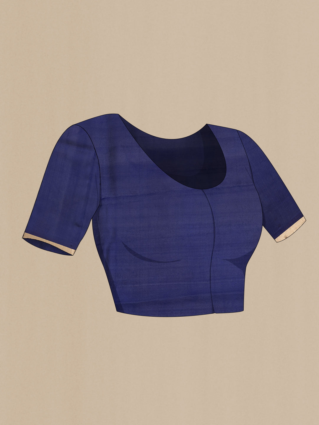 Close up image of the blouse of Navy Blue Tussar Silk Saree with Zari Butta on the body and Zari Border. 