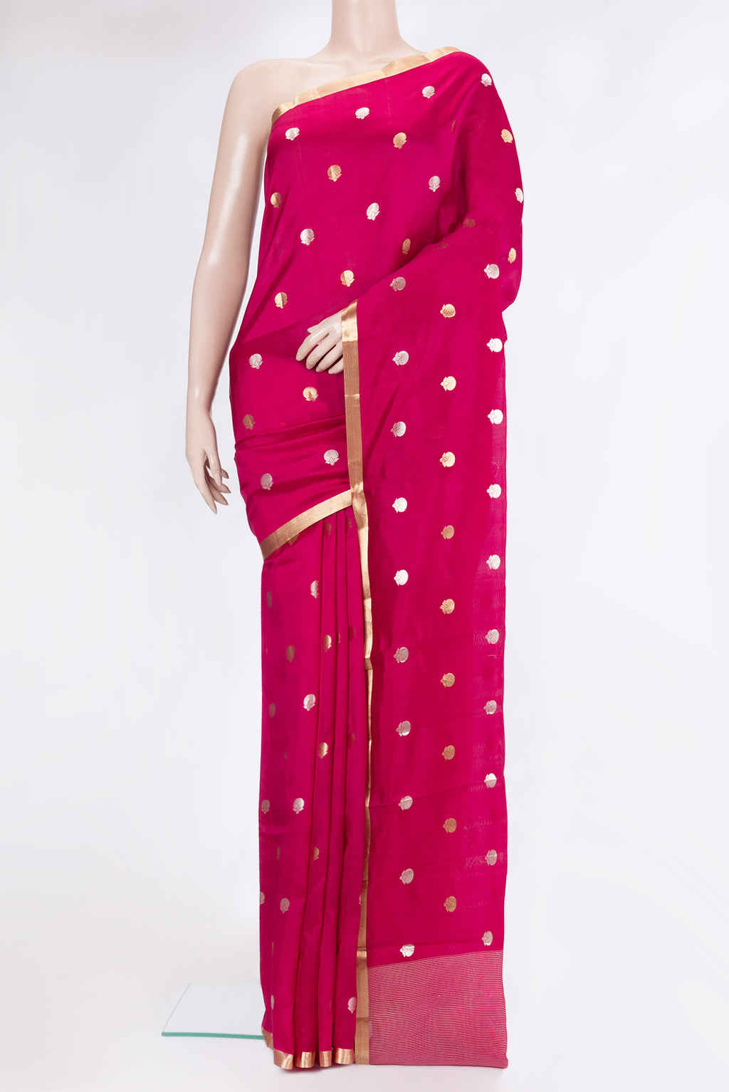 Dark Pink Tussar Silk Saree with Zari Butta on the body and Zari Border.  displayed on a mannequin