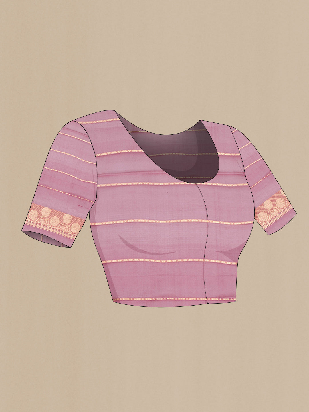Close up image of the blouse of Pink Organza Silk Saree with Zari Butta on the body and Fancy Border. 