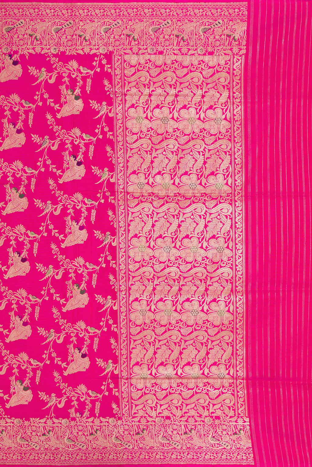 Close up image of the pallu of Pink Banarasi Silk Saree with Zari Butta on the body and Zari Border. 