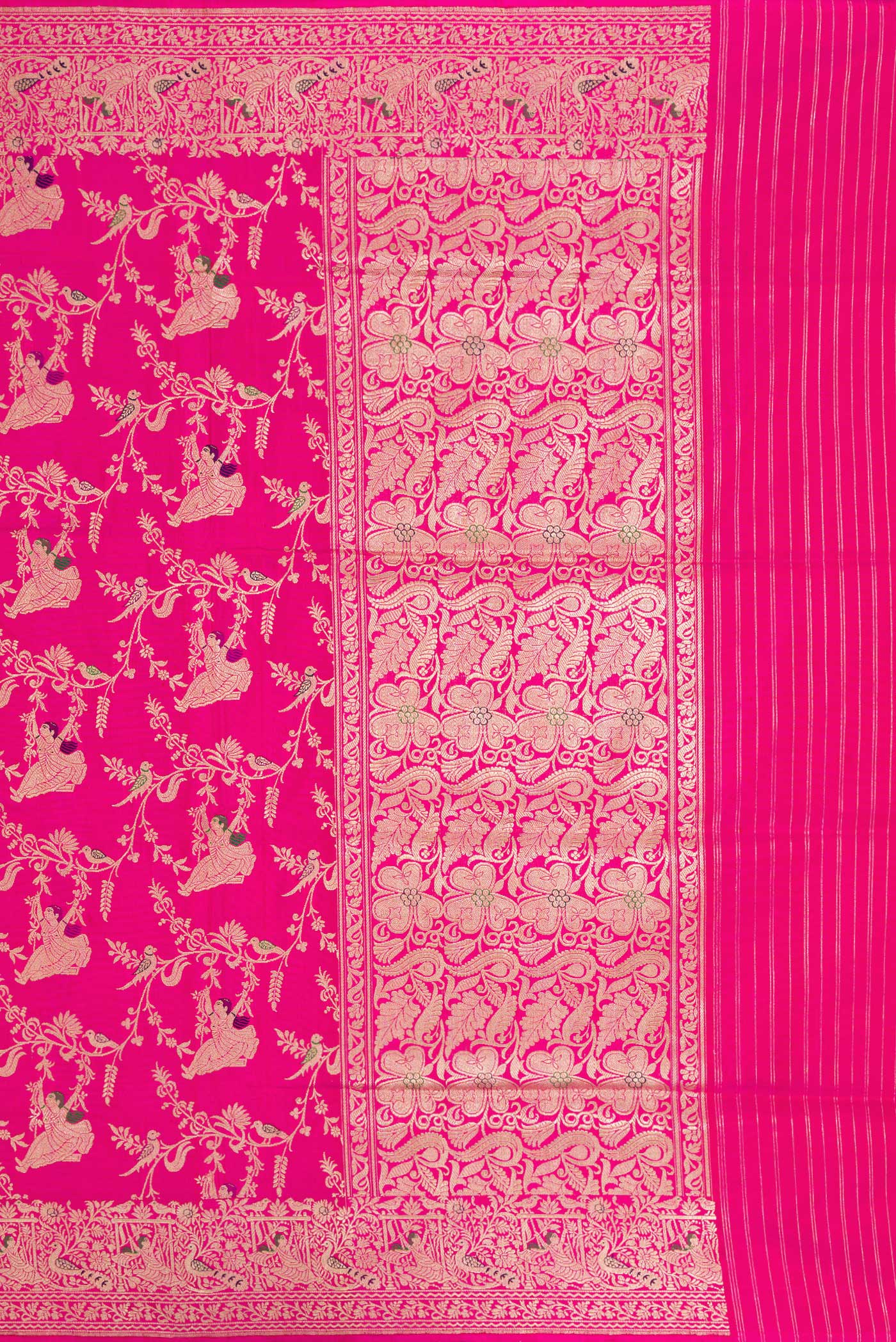 Close up image of the pallu of Pink Banarasi Silk Saree with Zari Butta on the body and Zari Border. 