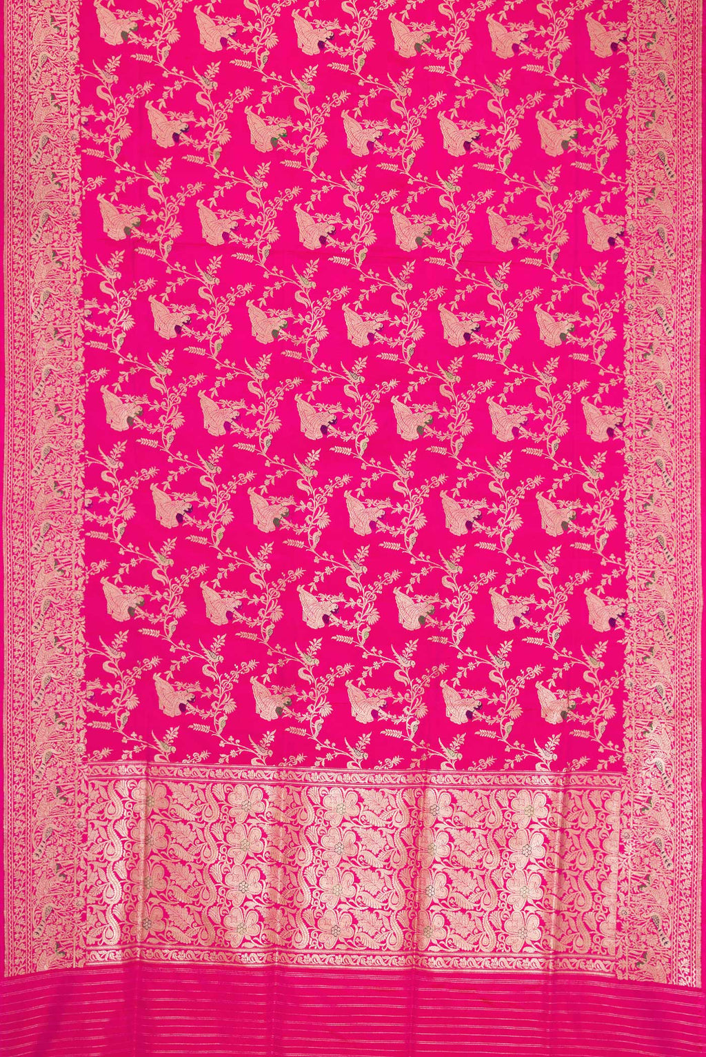 Flat view of Pink Banarasi Silk Saree with Zari Butta on the body and Zari Border. 