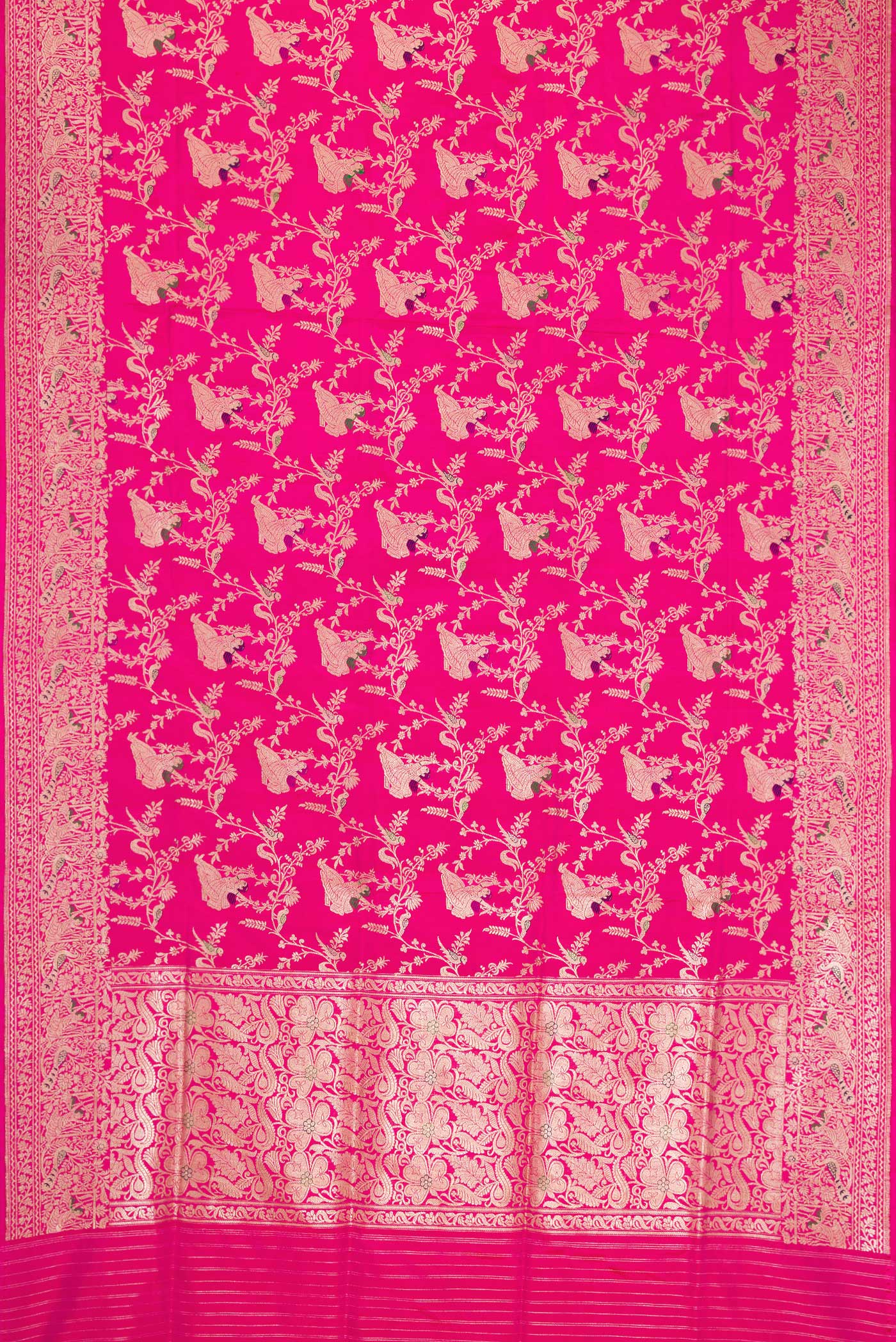 Flat view of Pink Banarasi Silk Saree with Zari Butta on the body and Zari Border. 