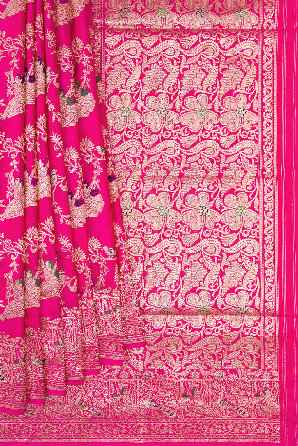Pleats and pallu of Pink Banarasi Silk Saree with Zari Butta on the body and Zari Border. 