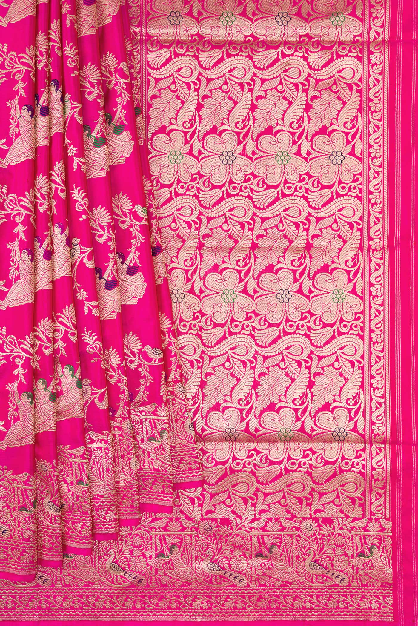 Pleats and pallu of Pink Banarasi Silk Saree with Zari Butta on the body and Zari Border. 