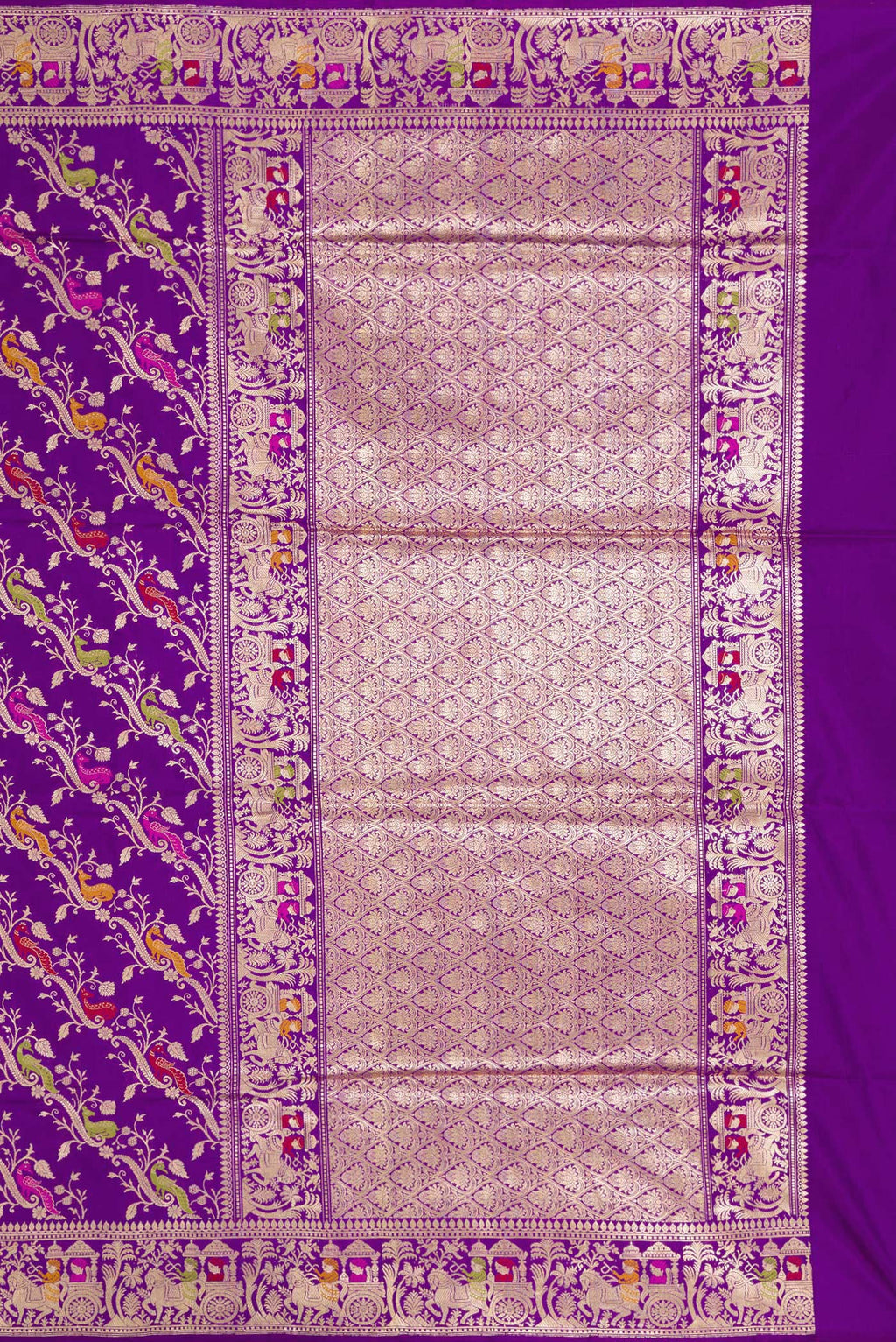 Close up image of the pallu of Violet Dual Tone Banarasi Silk Saree with Zari Butta on the body and Zari Border. 