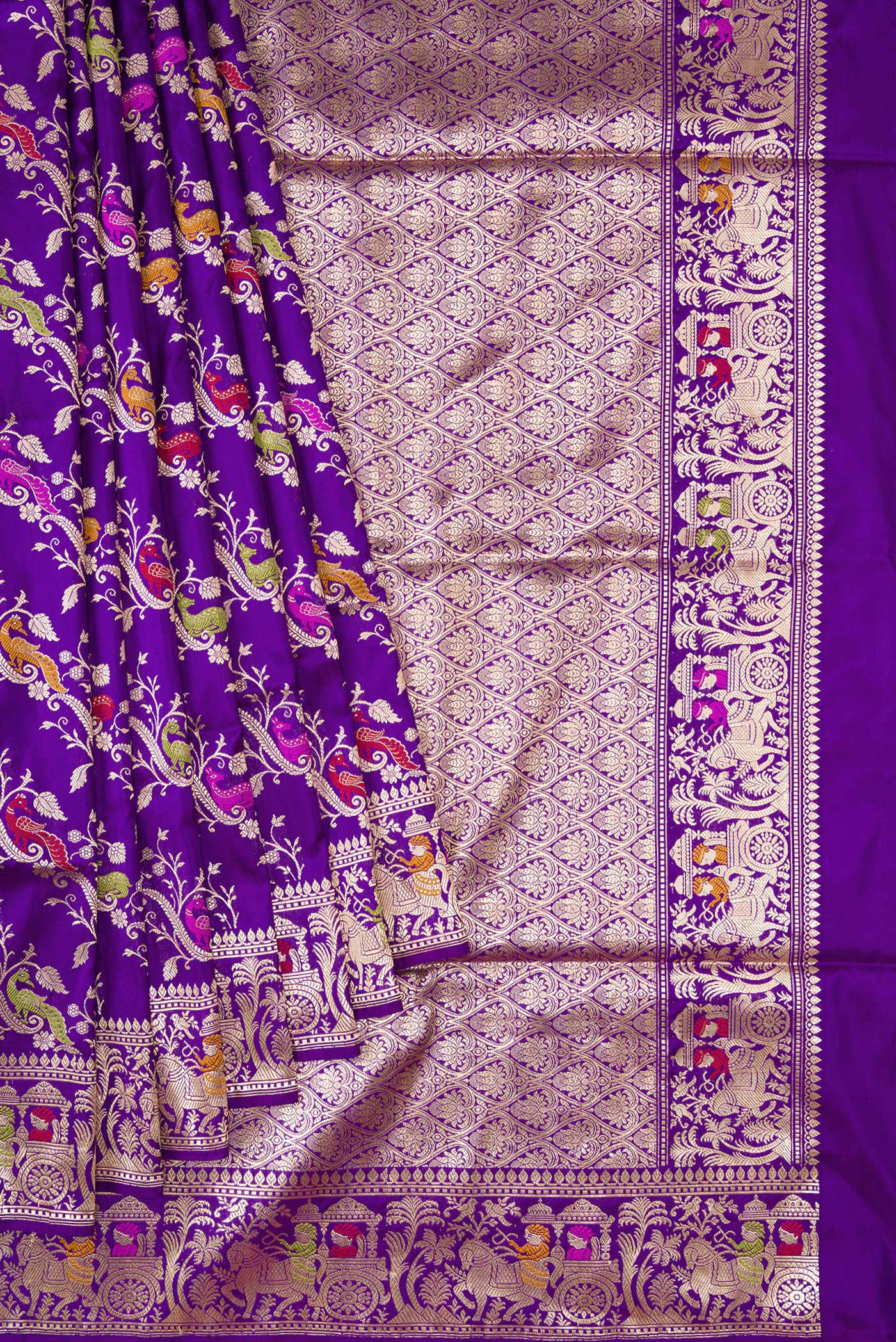 Pleats and pallu of Violet Dual Tone Banarasi Silk Saree with Zari Butta on the body and Zari Border. 