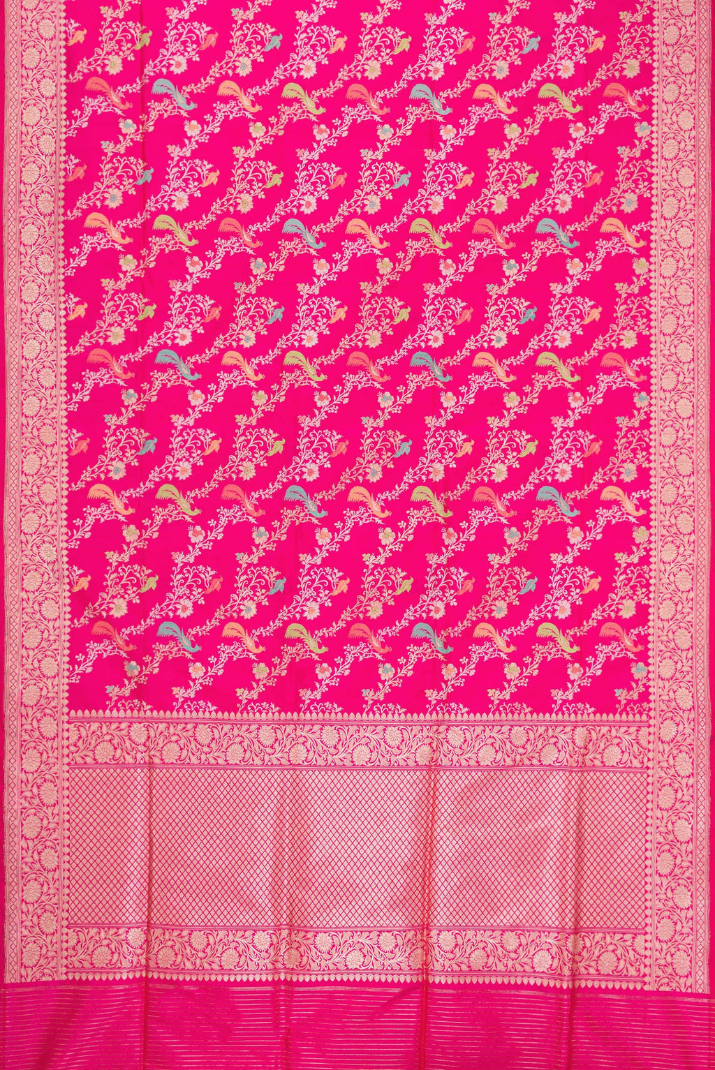 Flat view of Dark Pink Dual Tone Banarasi Silk Saree with Zari Brocade on the body and Zari Border. 