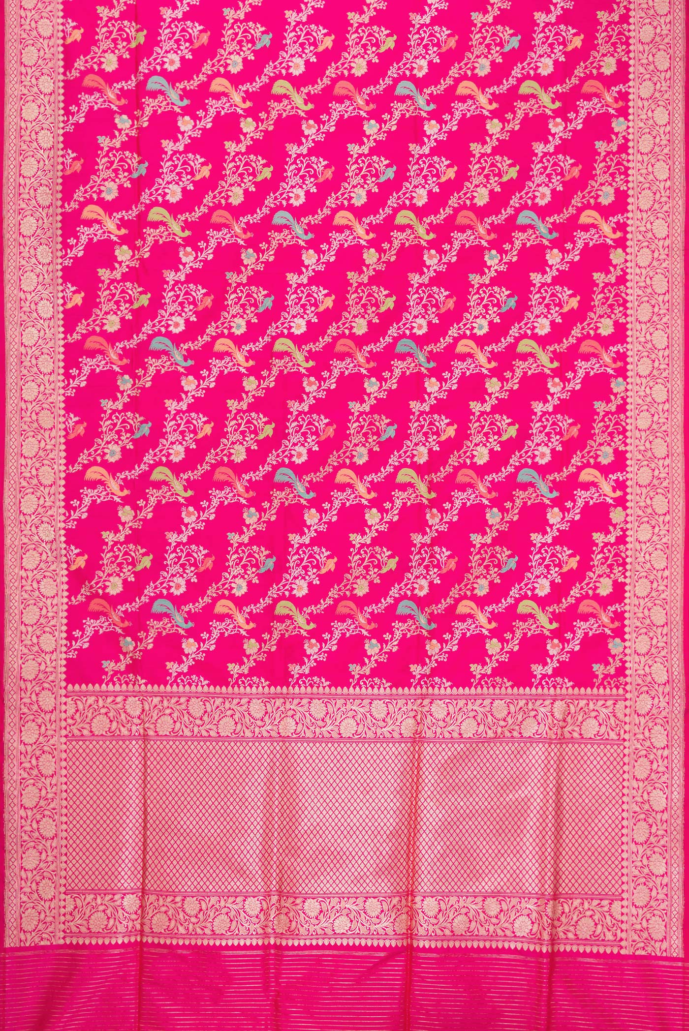 Flat view of Dark Pink Dual Tone Banarasi Silk Saree with Zari Brocade on the body and Zari Border. 