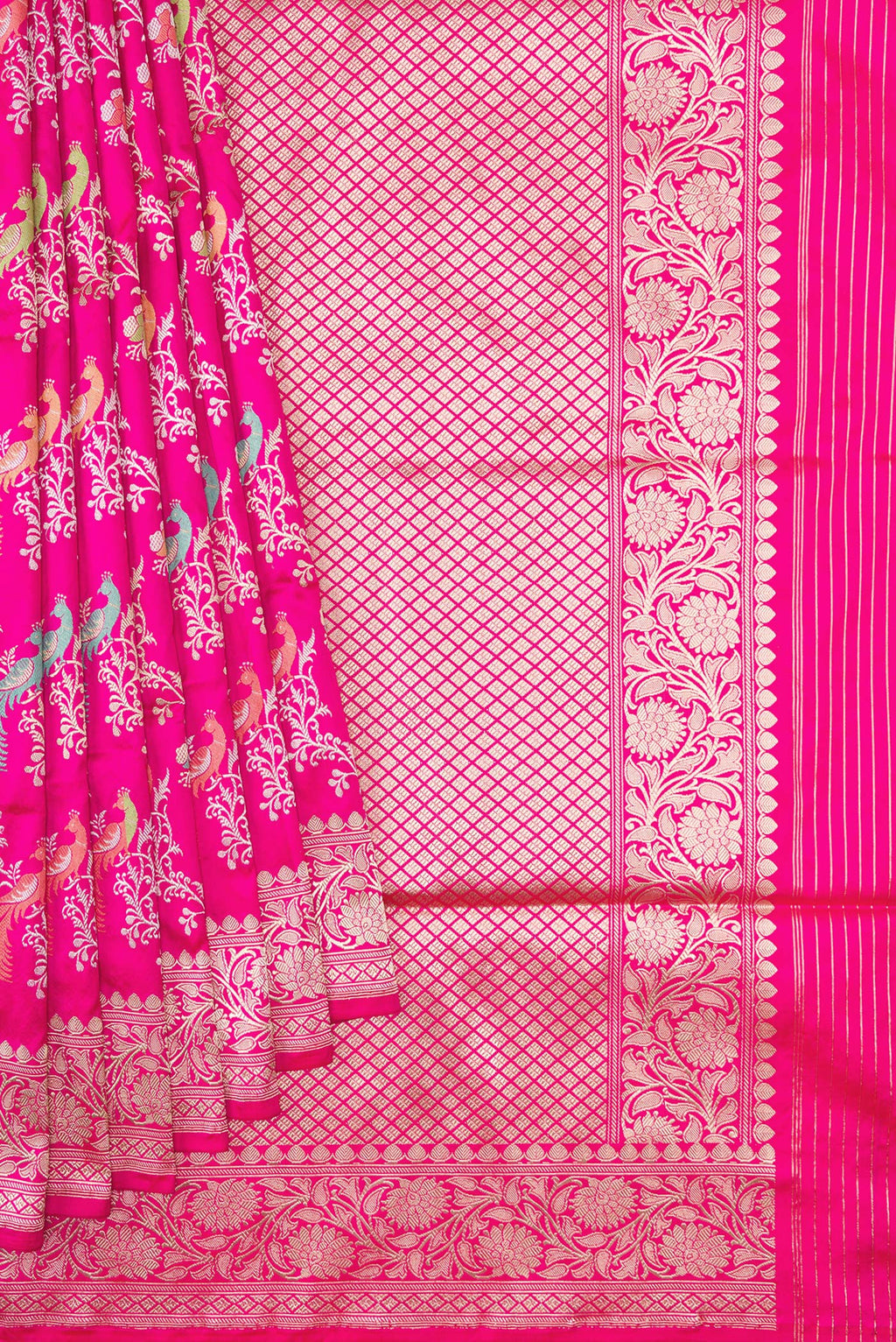 Pleats and pallu of Dark Pink Dual Tone Banarasi Silk Saree with Zari Brocade on the body and Zari Border. 