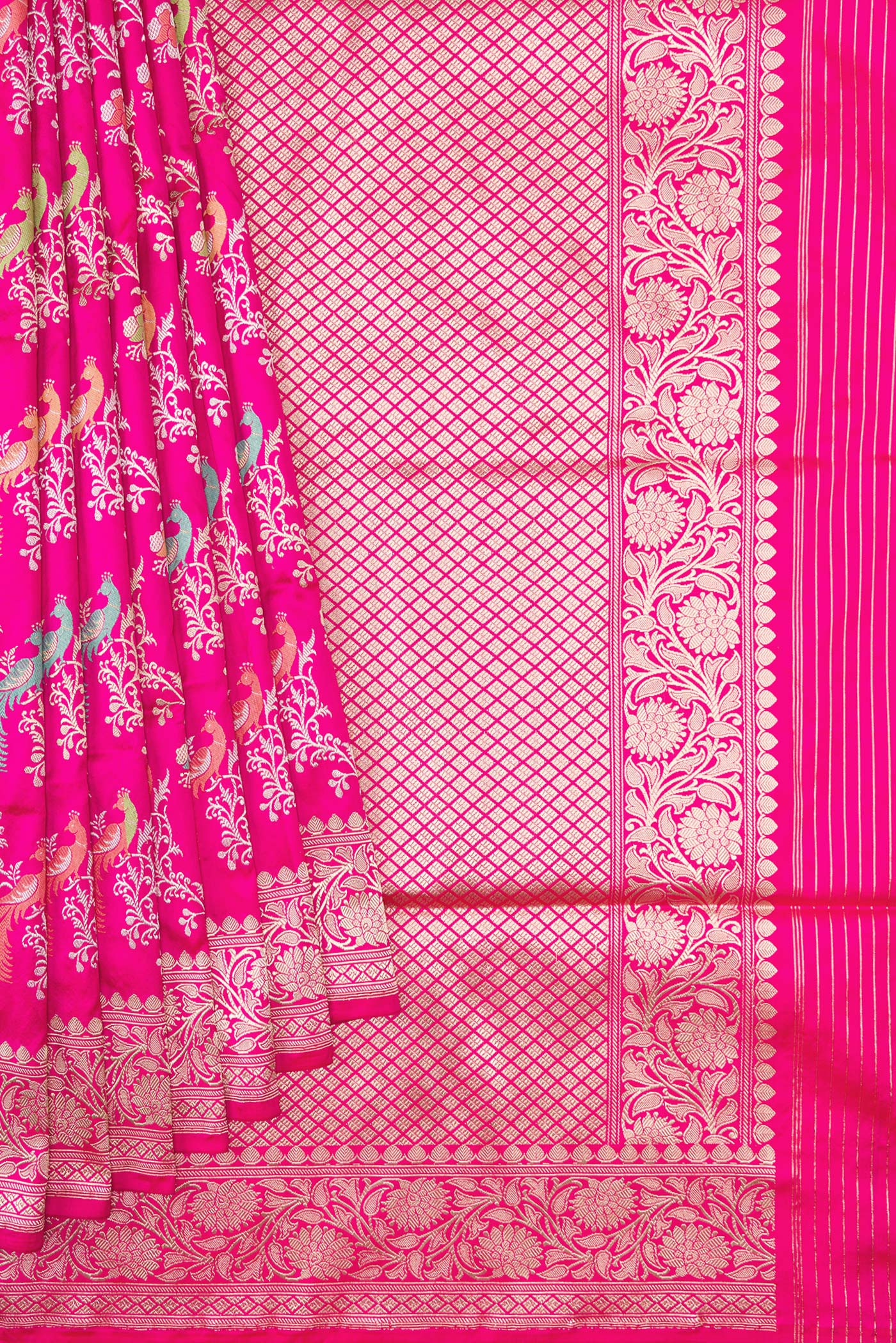 Pleats and pallu of Dark Pink Dual Tone Banarasi Silk Saree with Zari Brocade on the body and Zari Border. 
