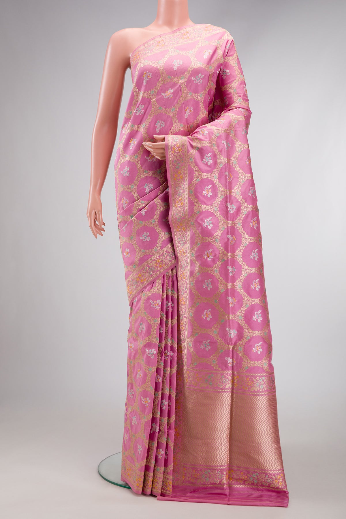 Pink Dual Tone Banarasi Silk Saree with Zari Butta on the body and Zari Border.  displayed on a mannequin